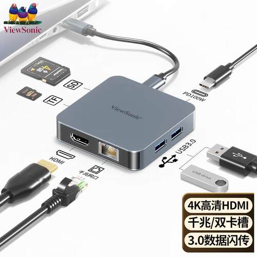优派Type-C扩拓展坞HDMI转换器4K投屏读卡七合一千兆T015A-7-3