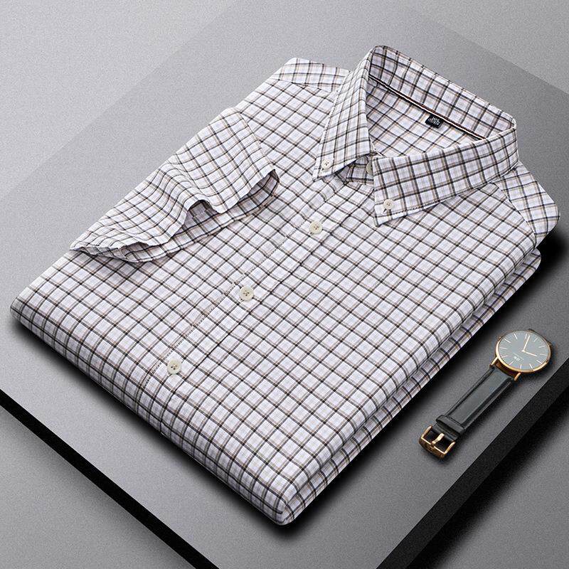 保罗正品夏季新款男士短袖纯棉衬衫格子中青年休闲全棉透气半袖衬