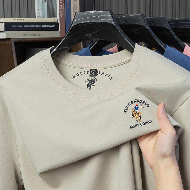 保罗正品纯棉夏季款保罗圆领短袖t恤男刺绣透气休闲宽松秀气纯色