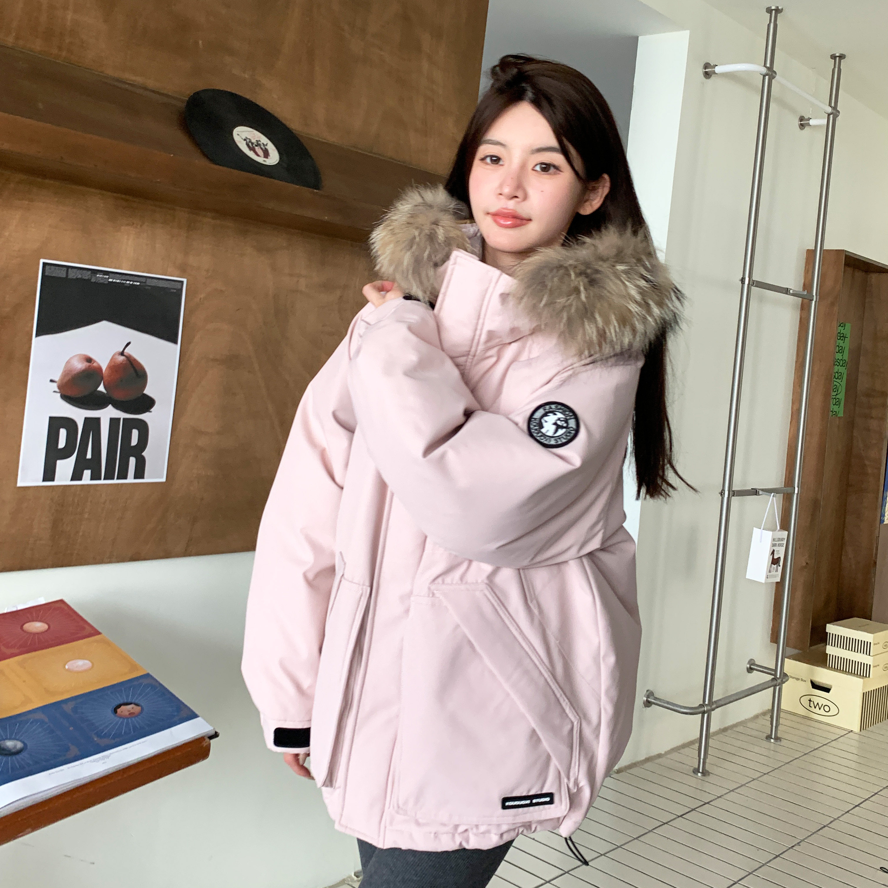 鹿芊时藏蓝色工装羽绒服派克服女短款小个子冬季毛领加厚外套韩系