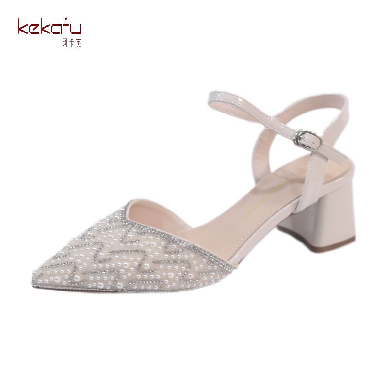 珂卡芙2023夏季新款时尚水钻尖头中跟粗跟牛筋底中空女鞋商场同款