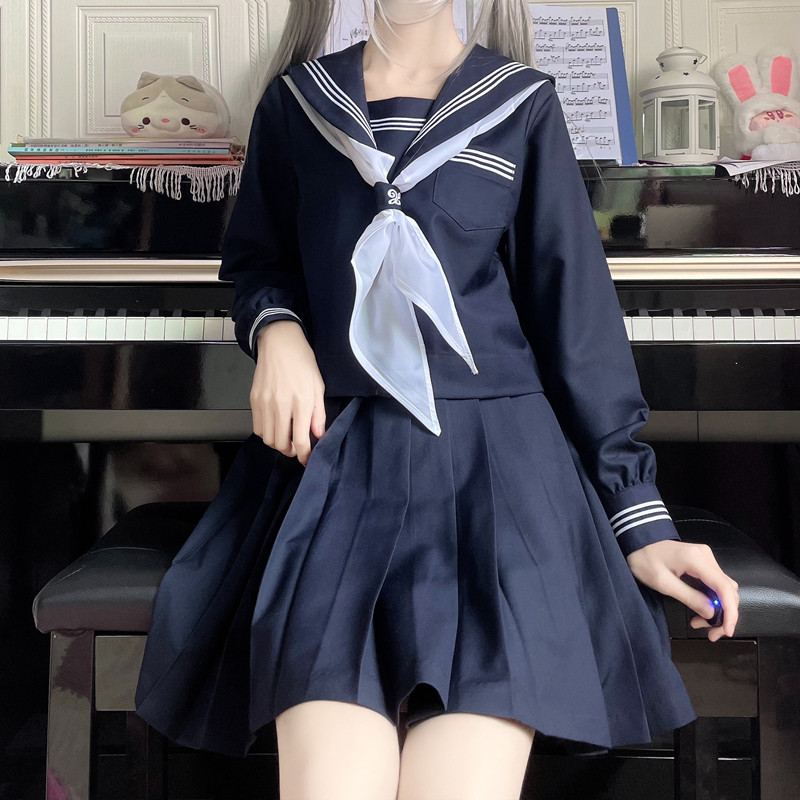 正统JK制服中间都套装基础款水手服长袖绀色裙套装绀三本关西襟