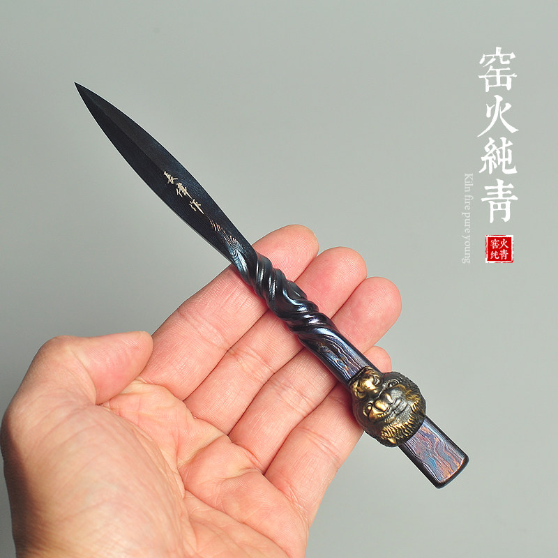 查长伟大师手工普洱茶刀百炼花纹钢虎头撬茶工具生肖虎茶刀开茶器