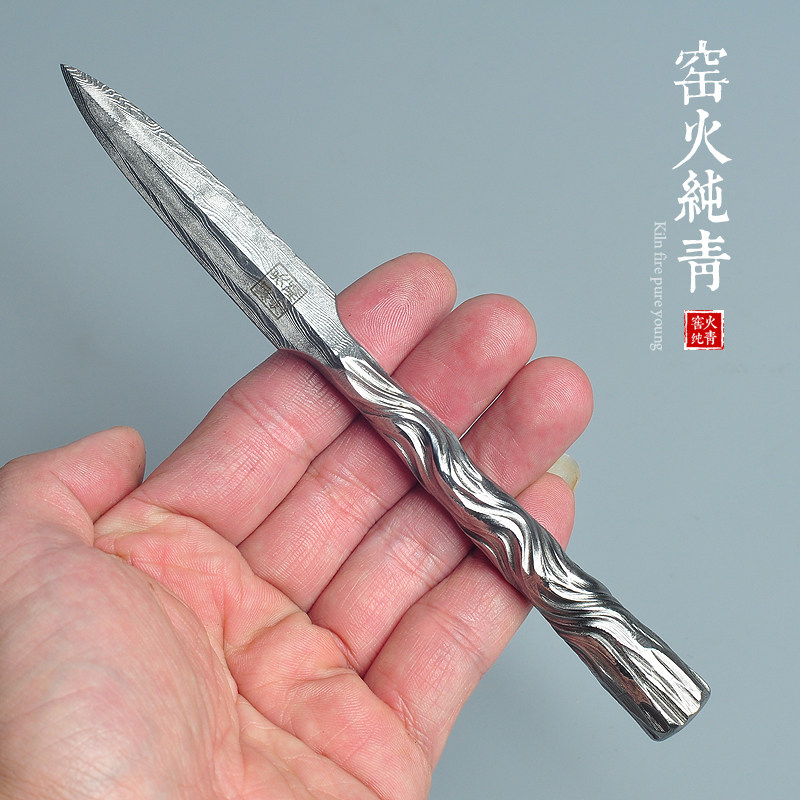 手工折叠锻打茶刀大马士革钢茶刀茶锥普洱茶针功夫茶具配件不生锈