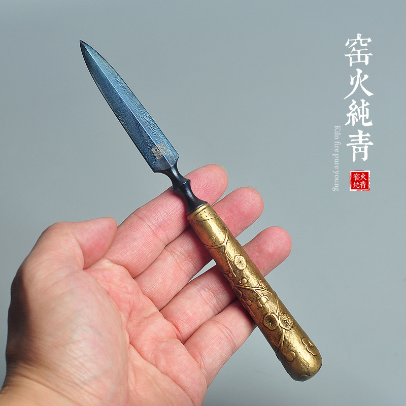 龙泉江龙普洱茶刀茶针百炼花纹钢手工铜梅花茶刀高档茶锥茶道零配