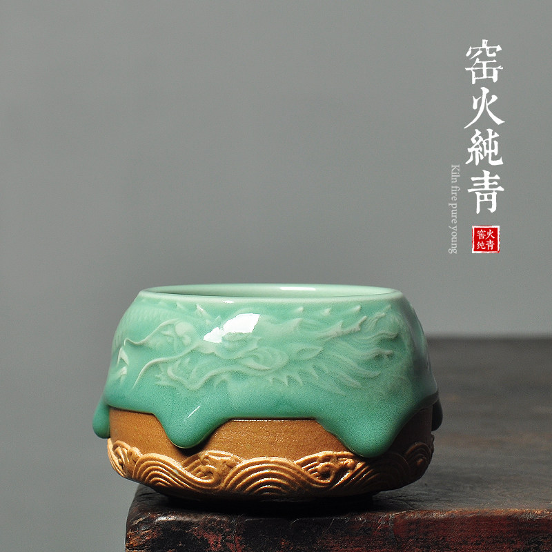 青瓷高端主人杯祥龙品茗杯全手工普洱茶杯器男士陶瓷茶碗功夫茶具