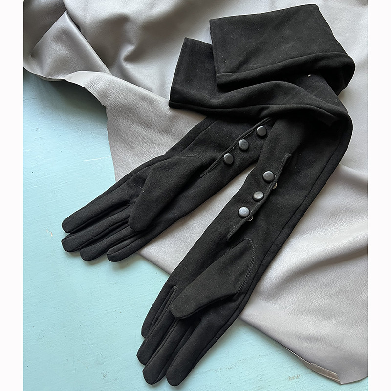 真皮手套优雅时尚小羊皮长手套手腕摁扣复古反绒羊皮薄里黑色女式