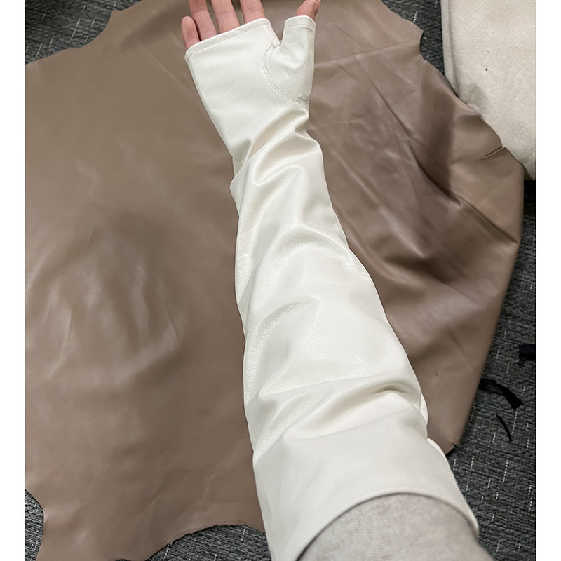长款真皮手套女式秋冬露指长手套半指开车羊皮手套定做过肘白色