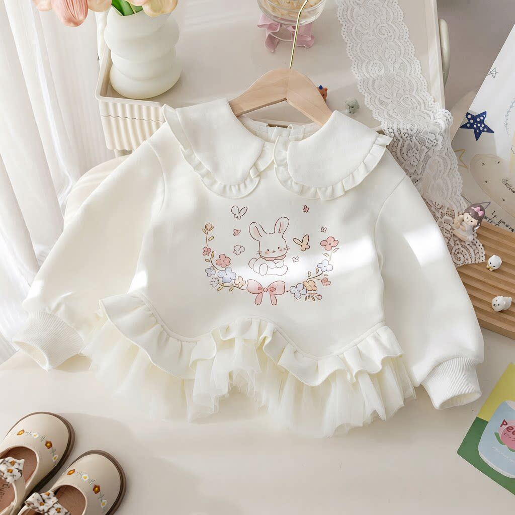 女童春季卫衣可爱卡通兔子印花套头衫女宝宝春装蕾丝花边时髦上衣