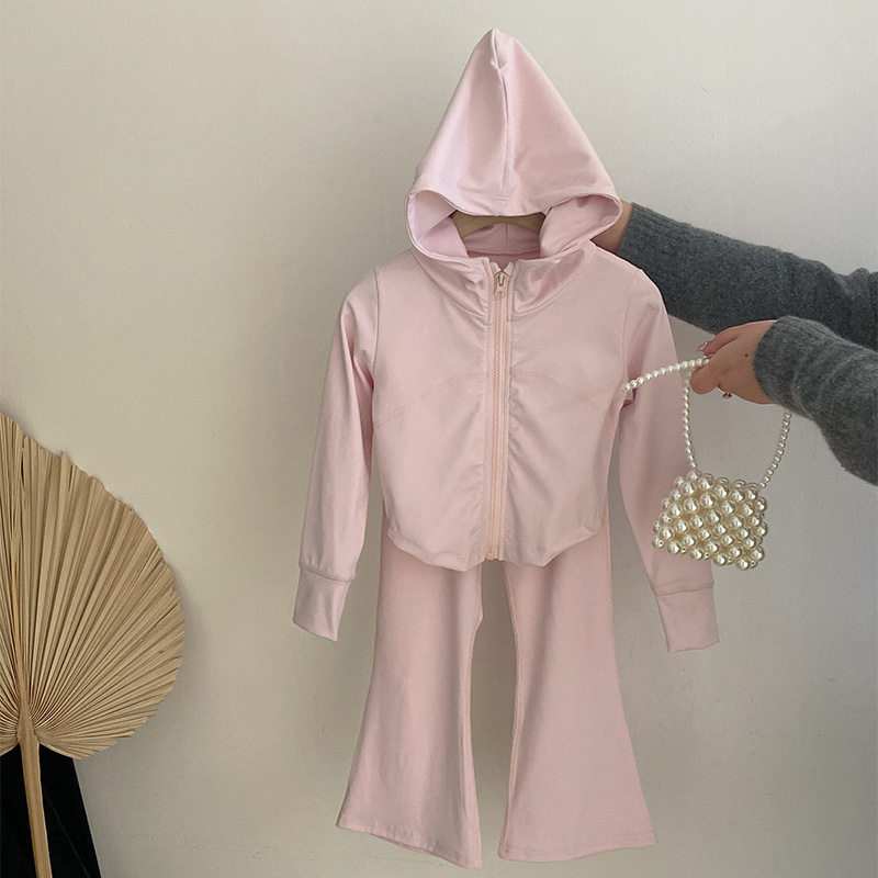 女童2025春秋季新款韩版连帽拉链卫衣百搭喇叭裤子儿童两件套装潮