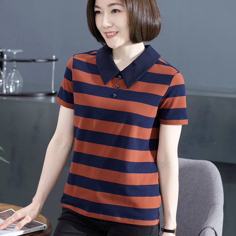 翻领宽条纹短袖t恤女纯棉全棉半袖上衣带领有领中年妈妈宽松体桖