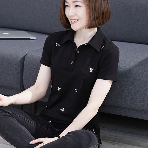 翻领刺绣短袖t恤女纯棉妈妈带领