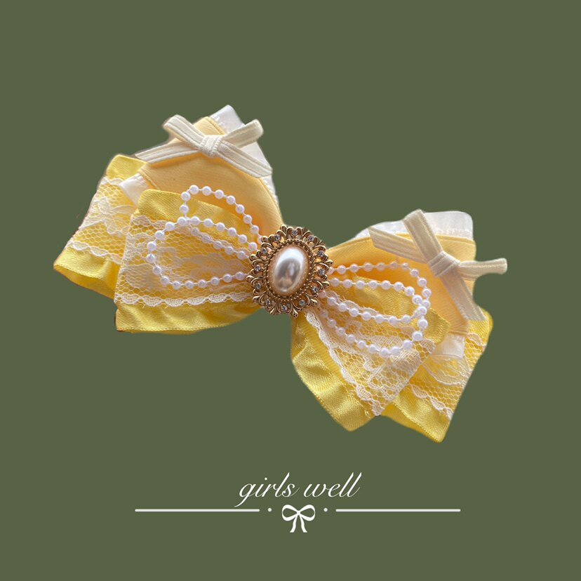 戈薇手作黄色儿童洛丽塔发夹顶夹贝尔珍珠公主头饰荷叶边蕾丝女宝