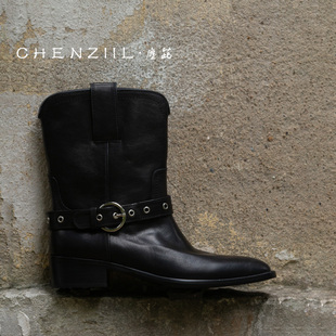CHENZIIL年终清仓 复古做旧美学敲软皮带扣短靴手工靴子 Grunge风