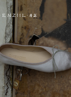 CHENZIIL春夏法式手工平底鞋通勤缎面真皮银灰色芭蕾舞单鞋女浅口