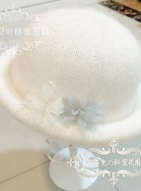 森系超仙秋冬女雪纱花朵兔羊毛白色日系盆帽渔夫帽子礼帽 d022-16