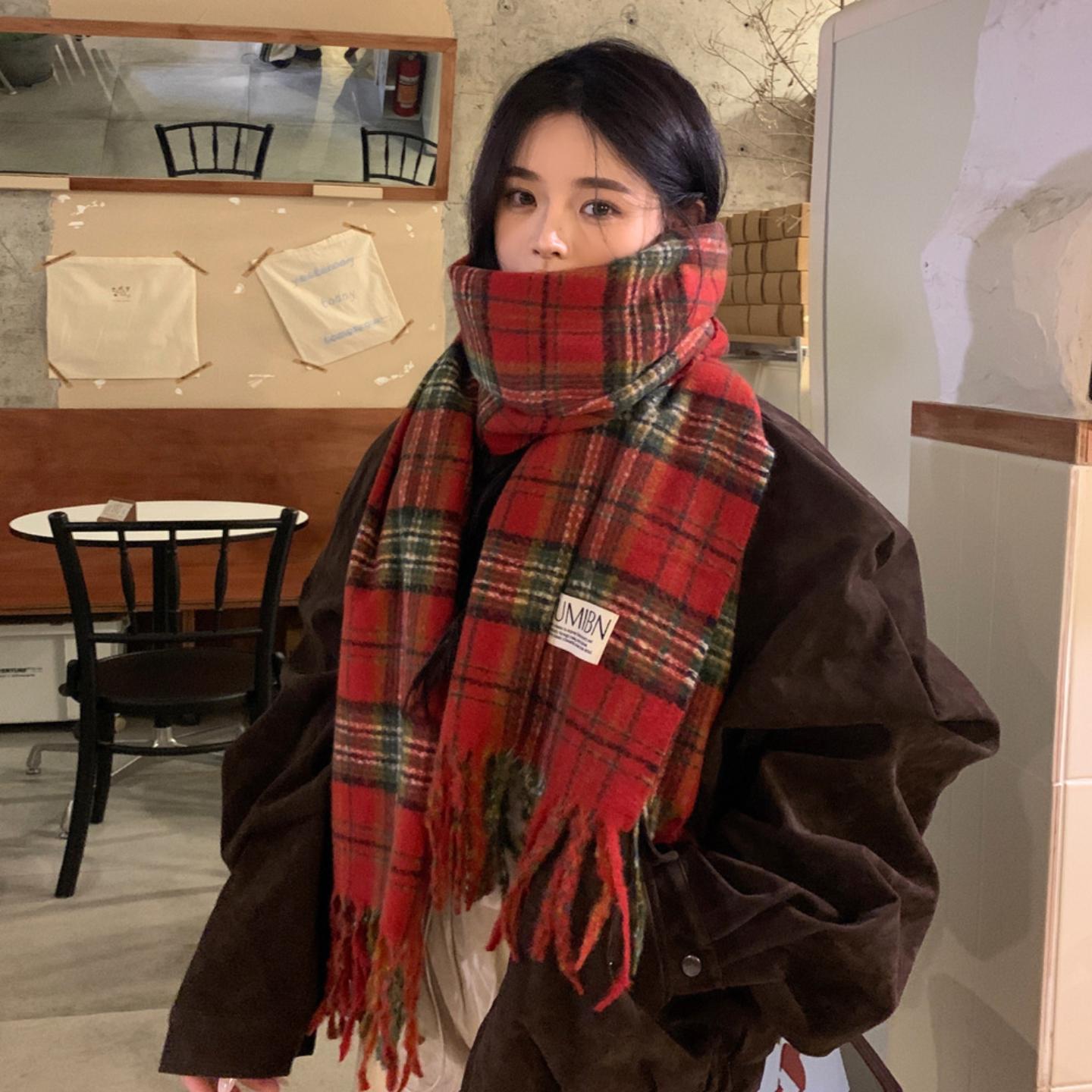 复古格子圣诞围巾女秋冬加厚保暖