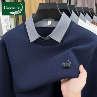 鳄鱼恤长袖卫衣男士翻领2025春秋季假两件套刺绣polo衫男装上衣潮