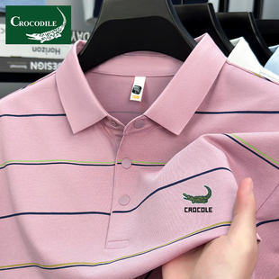 纯棉t恤男士 半袖 夏季 桑蚕丝翻领polo衫 条纹上衣男 新款 鳄鱼恤短袖