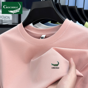 鳄鱼高端圆领短袖男装棉t恤衫2025新款男士刺绣打底衫百搭上衣服