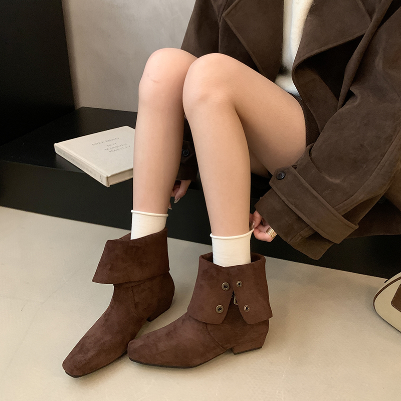 韩女首选可反折2穿方头皮带扣短靴子舒适通勤方跟低跟靴女靴子