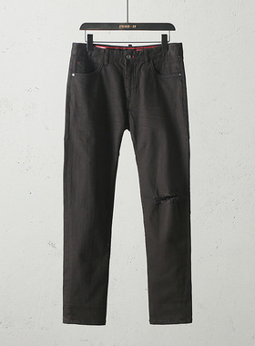 51SHOP  男士休闲修身微弹破洞牛仔裤春秋款直筒长裤