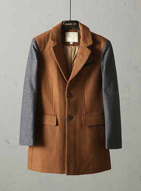 51SHOP男装 男式中长款毛呢大衣 西装领拼色加厚保暖羊毛呢外套