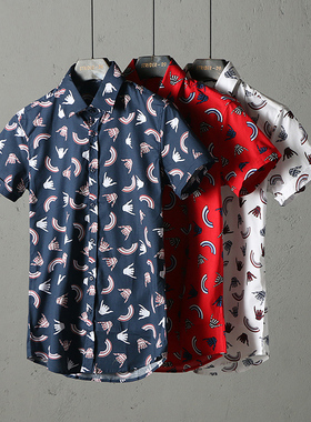 51SHOP男装 男士休闲时尚短袖衬衫 尖领夏款印花薄款上衣