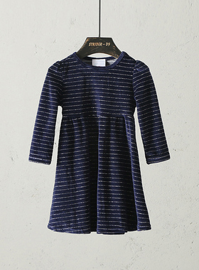 51SHOP童装 儿童休闲裙子女童纯棉毛巾布银丝横条纹连衣裙