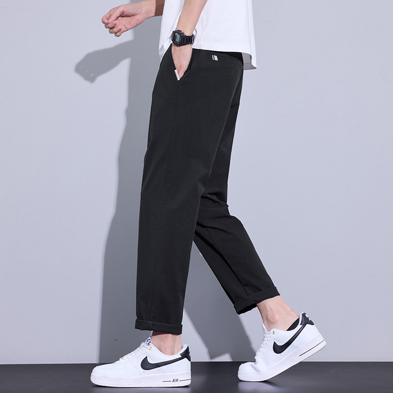 男士黑色直筒休闲裤微弹宽松薄款九分裤夏季透气青年百搭中腰长裤