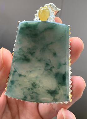 缅甸天然A货翡翠吊坠蓝色冰飘花无事牌挂件50.5/39/4.3mm一物一证