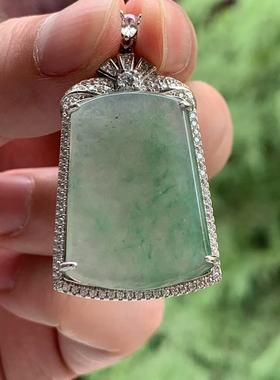 缅甸天然A货翡翠吊坠绿色飘花冰无事牌29/18.7/2mmS925银锆石镶嵌