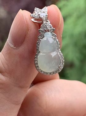 缅甸A货翡翠吊坠起胶白色葫芦挂件14.5/8.7/4.2mmS925银锆石镶嵌