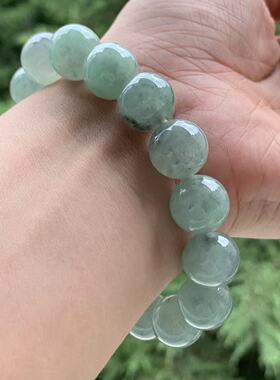 缅甸玉翡翠手串A货糯冰浅绿色黑乌鸡飘花圆珠手串13.3mm一物一证