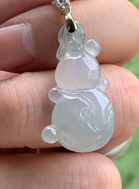 缅甸A货翡翠吊坠淡蓝紫底冰起胶葫芦挂件30/15/9mmS925银锆石镶嵌