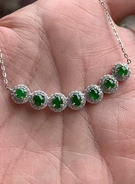 缅甸天然A货翡翠项链糯冰绿色蛋面镶嵌套链4.4+mmS925银锆石镶嵌