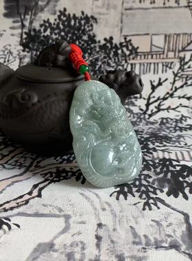 缅甸天然翡翠吊坠A货冰种淡蓝色龙戏珠山水牌龙牌把玩随形挂件