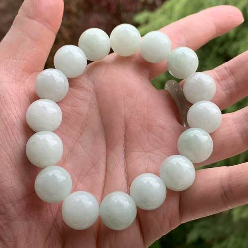 缅甸翡翠手串白底浅绿色手串14mm