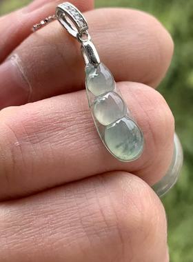 缅甸天然A货翡翠冰起光蓝色飘花四季豆子S925银扣头项链一物一证