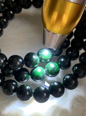 缅甸天然玉石项链黑色铁龙生绿色底玉石项链圆珠项链10mm