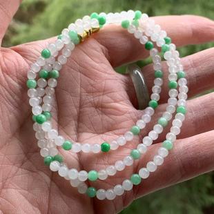 缅甸玉缅甸天然A货翡翠项链双彩绿色白色小米珠项链3.8mm一物一证
