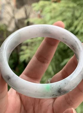 缅甸天然A货翡翠手镯乳白色乌鸡飘阳绿花正圈手镯13.8/8.3/59mm
