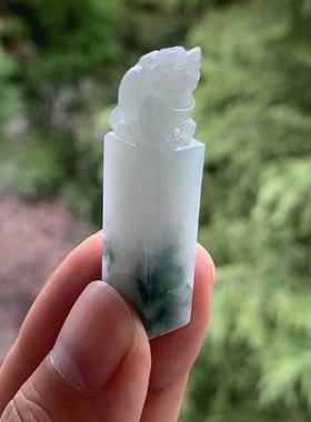 缅甸天然A货翡翠印章浅蓝色飘花貔貅印章摆件茶宠把玩件一物一证