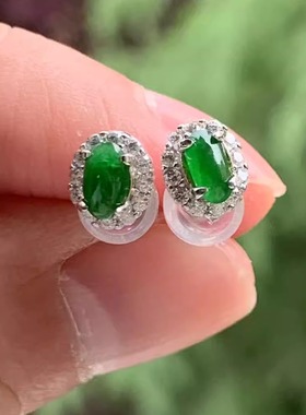 缅甸天然A货翡翠蛋面糯冰辣绿色耳钉5.2/3/1.5mmS925银锆石镶嵌
