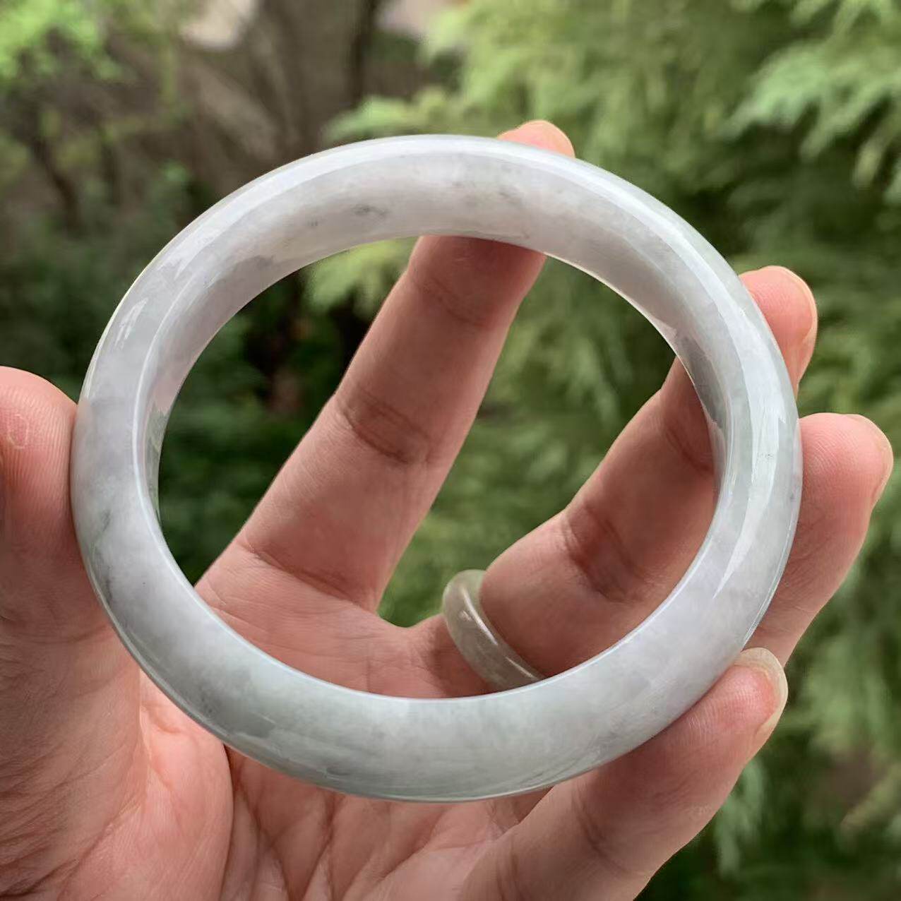 缅甸玉缅甸A货翡翠乳白色淡灰色乌鸡飘花正圈手镯14/8.8/61.7mm
