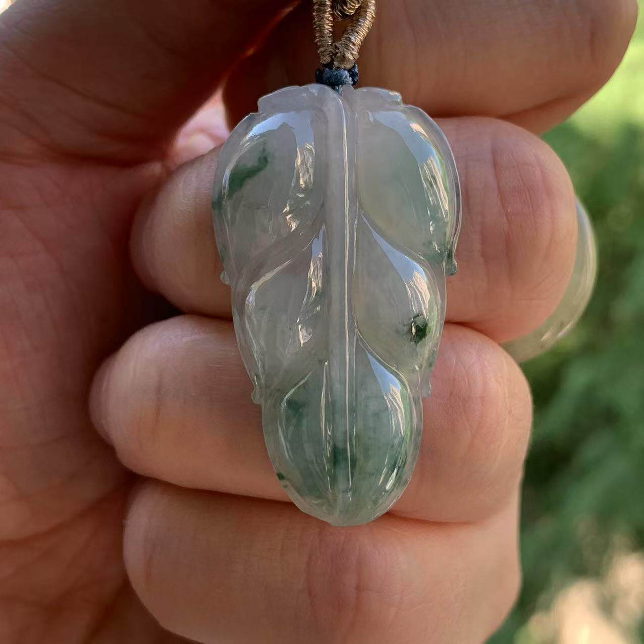 缅甸翡翠吊坠天然A货冰起胶飘花大叶子大业有成金枝玉叶翡翠吊坠