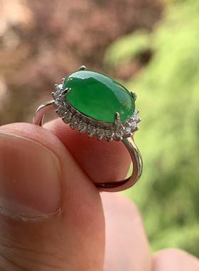 缅甸A货翡翠戒指裸石冰阳绿色蛋面戒指11/7/3.4mmS925银锆石镶嵌