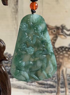 缅甸天然翡翠吊坠A货冰种深蓝色一路有你鹿牌山水牌龙牌随形挂件