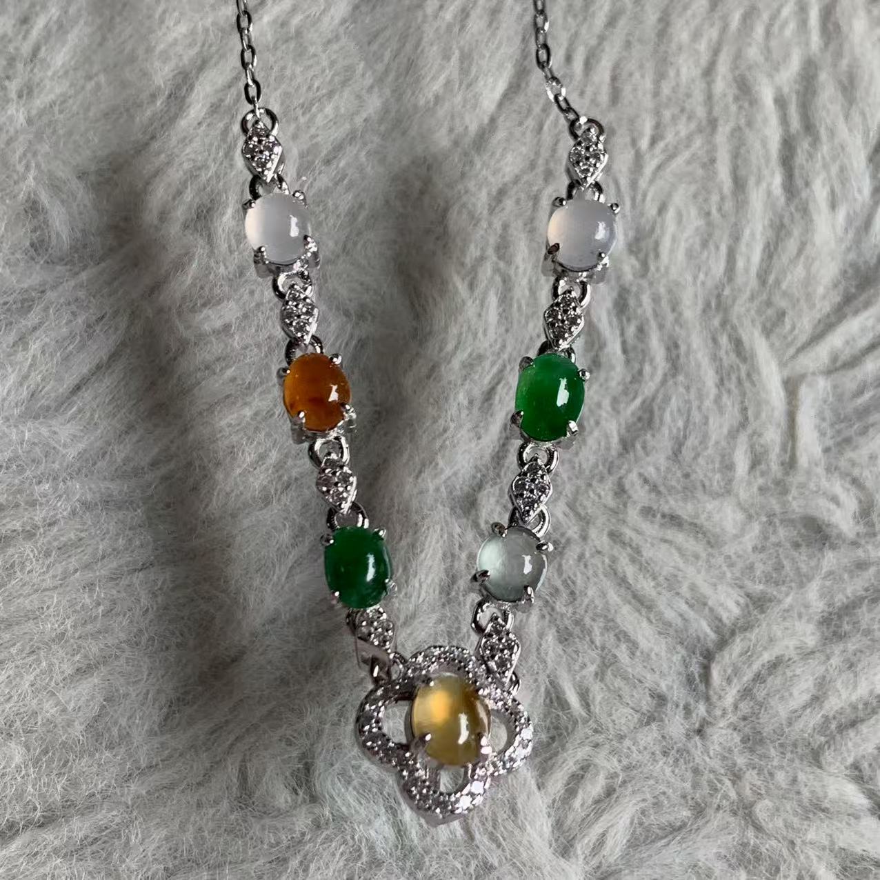 缅甸A货翡翠项链多彩蛋面项链