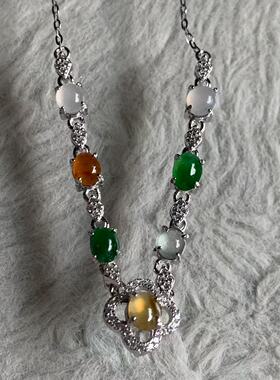 缅甸A货翡翠项链红翡黄翡绿色多彩蛋面套链3~5mmS925银锆石镶嵌